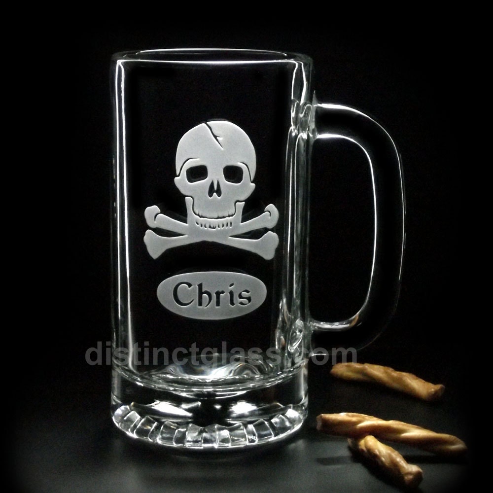 SKULL and CROSSBONES Personalized BEER Mug - Gothic / Day of the Dead / Halloween / Pirates - 16oz - Custom Etched Glasses by DistinctGlass