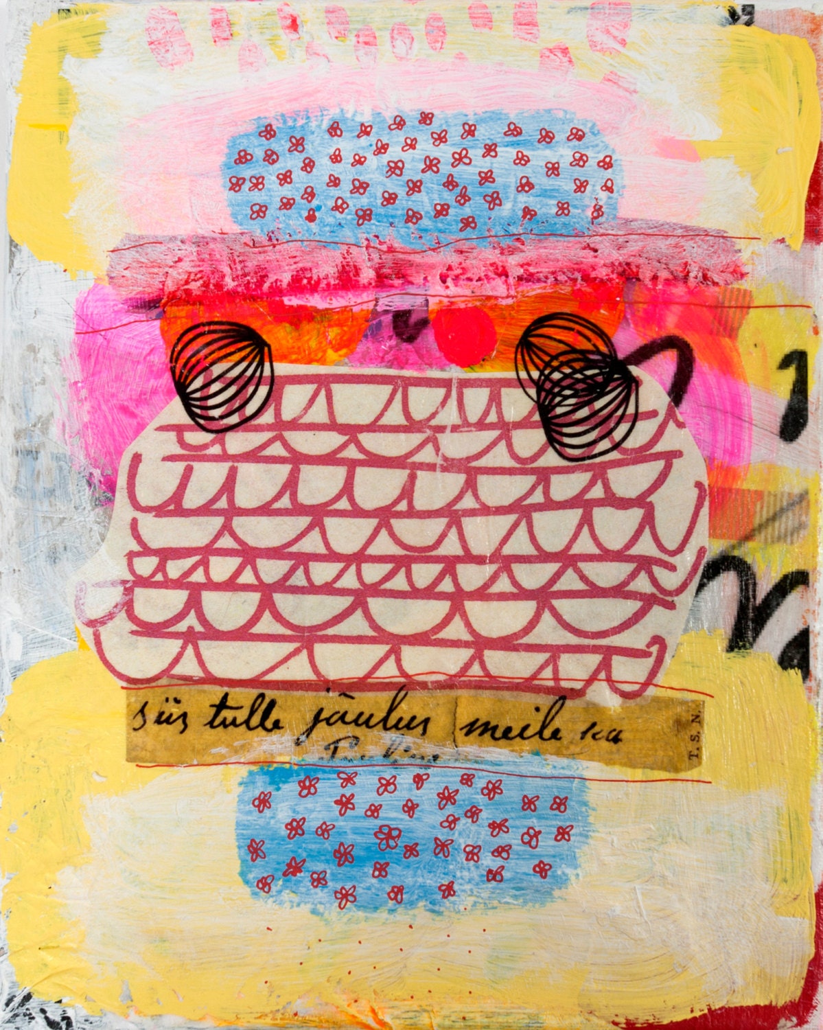 painting abstract pattern art collage white yellow red original mixed media canvas