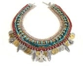 Native american - tribal - aztec inspired multiple strands beaded necklace - statement necklace - tribal jewelry - thunderbird necklace
