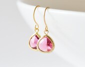 Dainty Pink Teardrop Glass Dangle Earrings - Bridesmaid earrings, gift for her, gift under 20