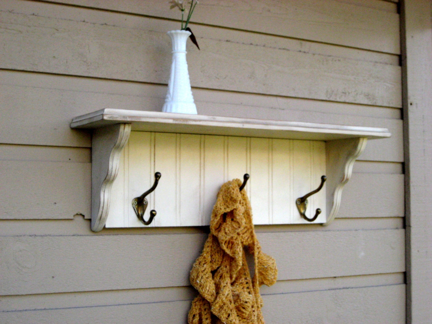 Rustic Country beadboard coat rack, shelf with chippy paint and vintage hooks, distressed antique white finish