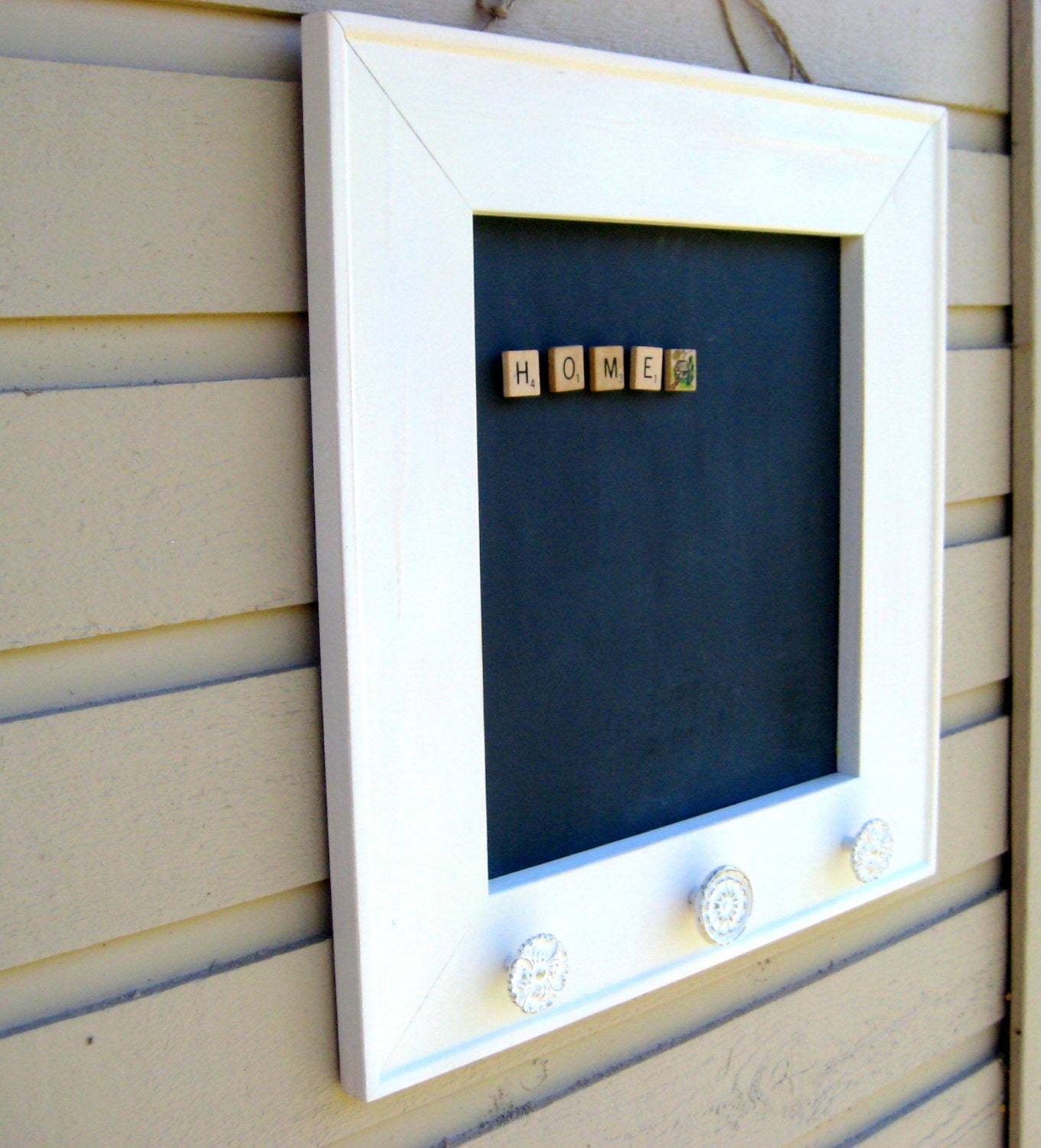Framed Magnetic Chalkboard, Framed organizer and message center with a vintage cabinet knobs