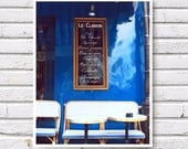 8x10 Paris Fine Art Photograpy, Au Clairon des Chasseurs Montmartre French Menu Cafe, Blue Restaurant Bistro, Kitchen Dining Room Decor
