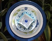Blue Green Aqua Repurpose Glass Plate Flower vintage