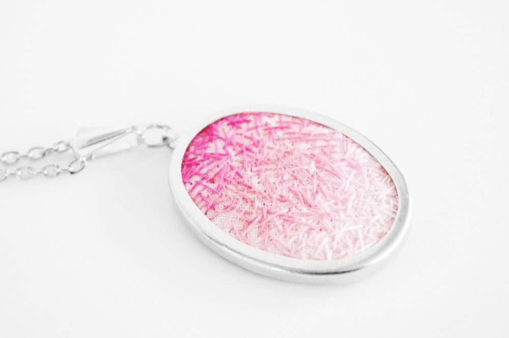 Hand Embroidery Necklace with Pendant in Magenta to Rose Pink Gradient, Ombre Stitches in Silver Setting PENDANT ONLY