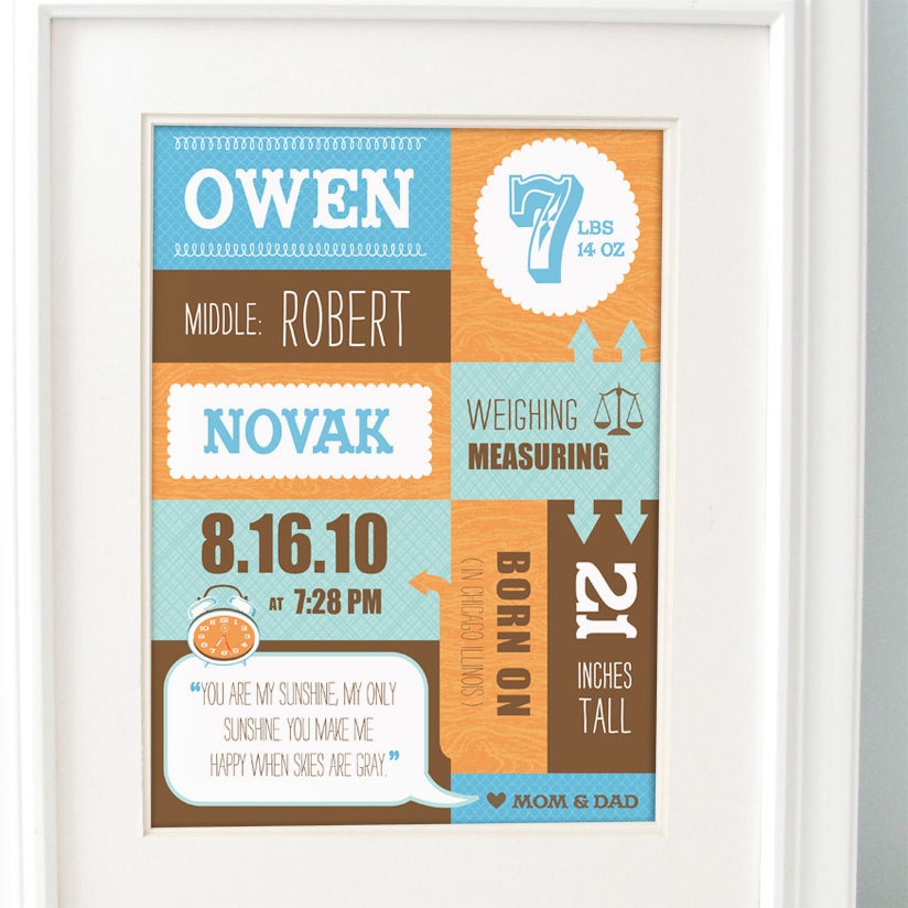 Personalized Baby Birth Announcement, Custom Nursery Art, Children's Decor Blue Orange Brown 8 x10