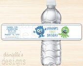 Personalized Birthday Water Bottle Labels with Blue and Green Monsters Theme - 1st Birthday - 35 labels