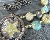 Starburst Ceramic Star Pendant with Ceramic Beads on Linen Thread and Bronze Chain