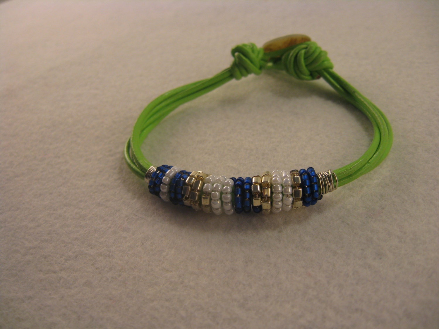 Spring Green Leather Bracelet with Wire Wrapped Beads