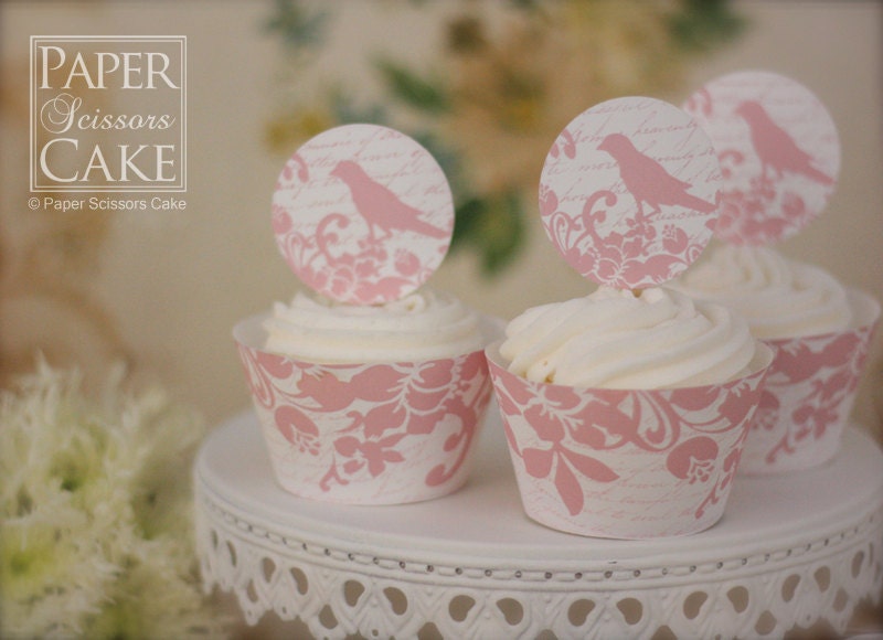 Pink Bird With Love Letter Printable Cupcake Topper And Wrapper Set For A Bridal Shower Or Wedding - Simply Print, Cut, Assemble, Enjoy