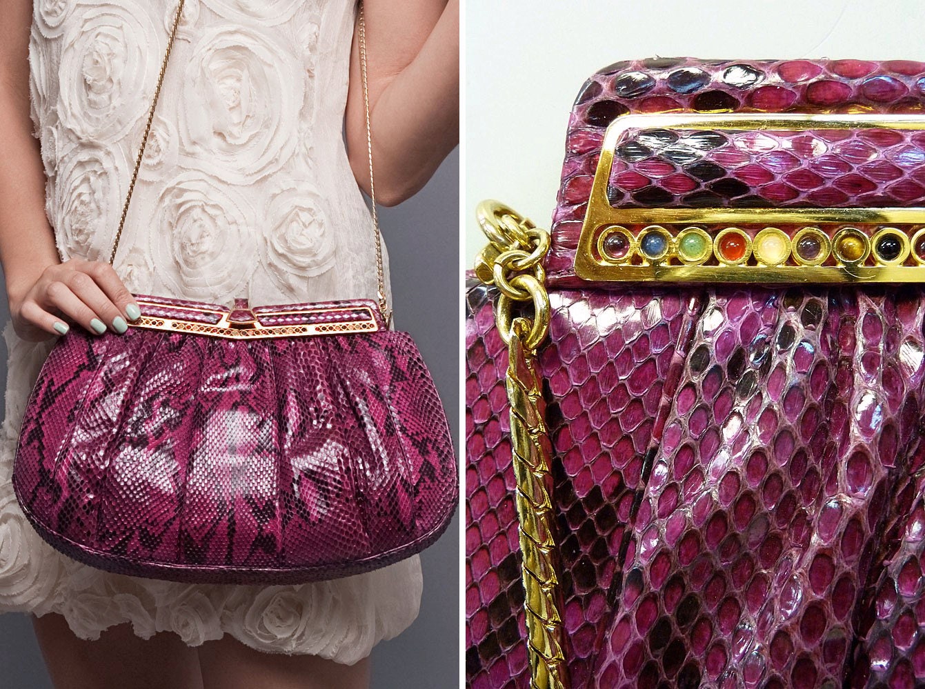 Vintage 80s HUGE Judith Leiber Purple Python Snake Convertible Bag Purse Clutch Semi Precious Stones Gold Chain 13" Large FREE SHIPPING