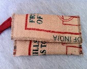 Burlap Wristlet Wallet lined in Red