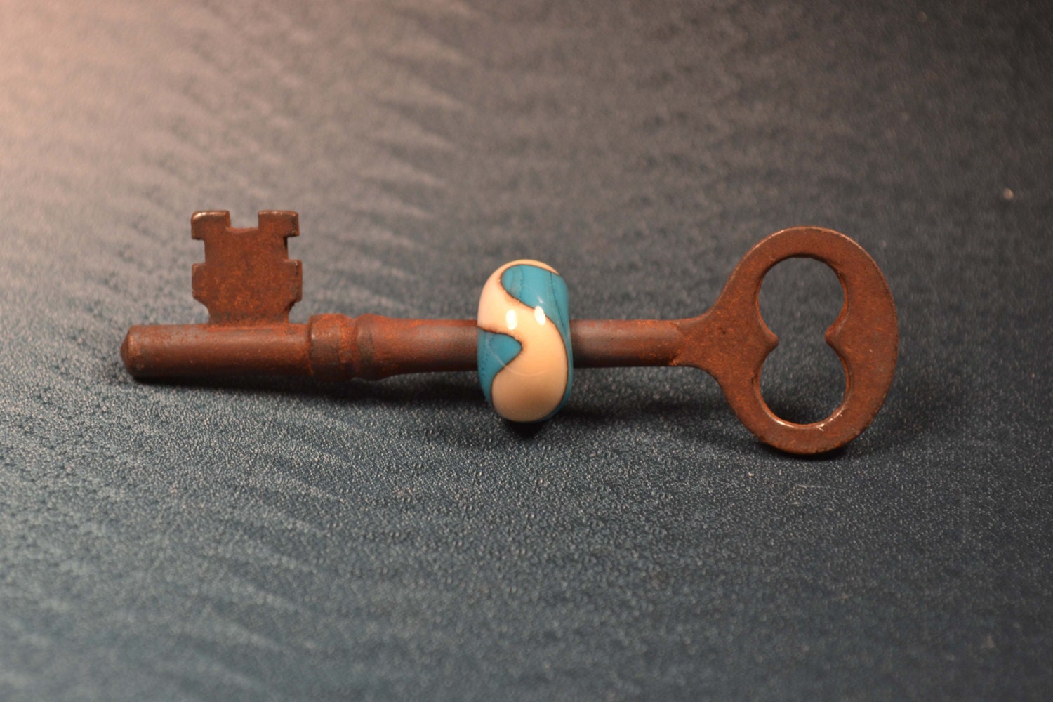 Vintage Skeleton Key and Lampwork Glass Bead Pendant keychain SRA  FREE SHIPPING turquoise ivory