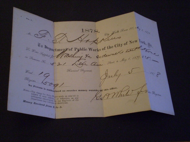 orig 1878 NYC receipt for WATER for washing SIDEWALKS Lex Ave.
