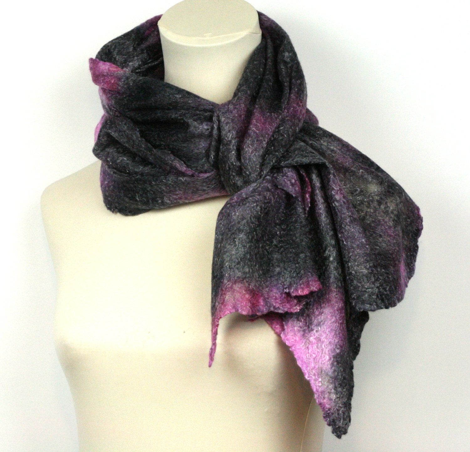 Cobweb Lace Hand Felted Scarf  - Shades of Grey and Pink - Hand dyed