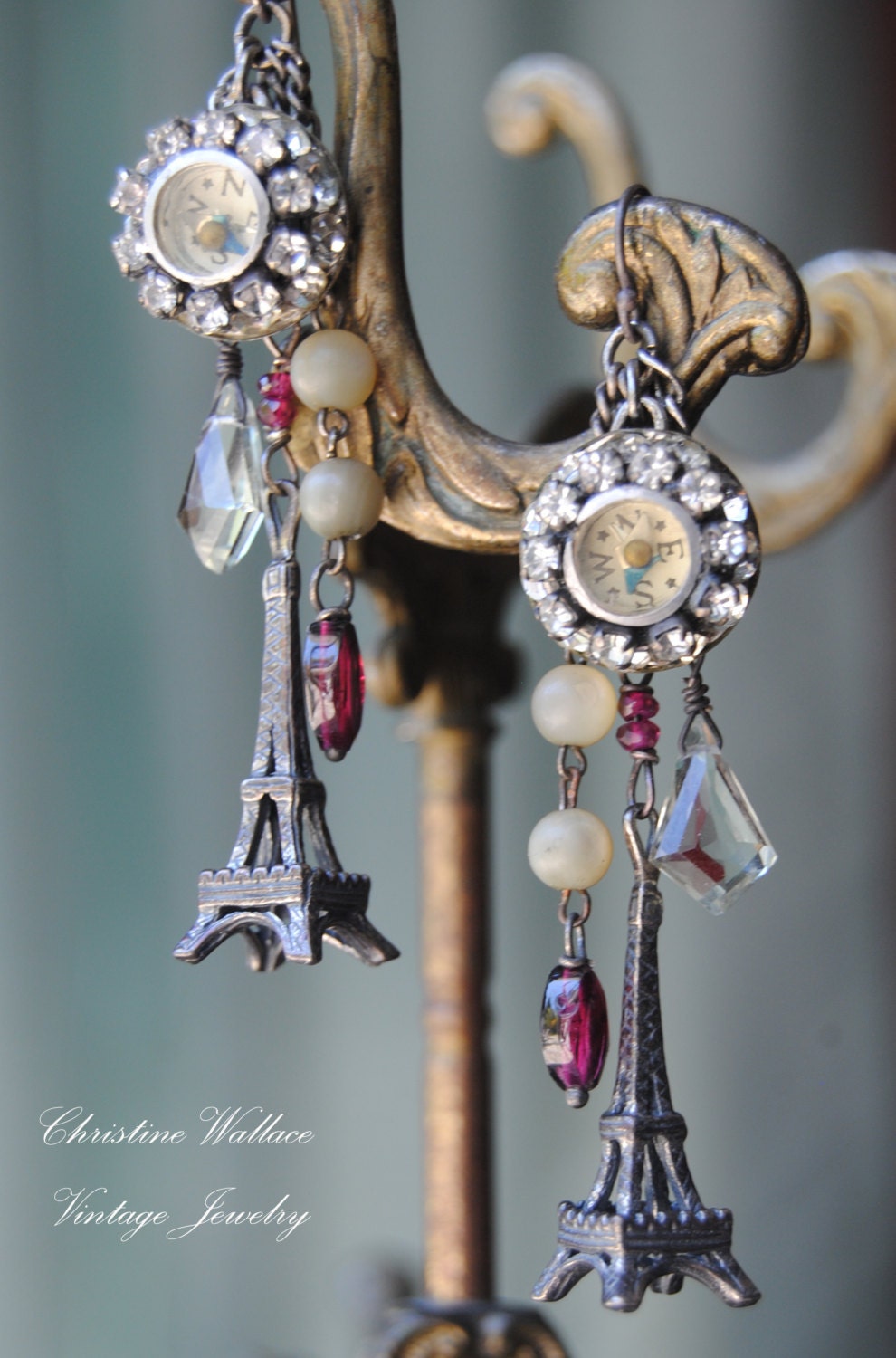 Take Me Back To Paris--Vintage Assemblage Sterling Souvenir French Eiffel Tower Garnet Rosary EARRINGS