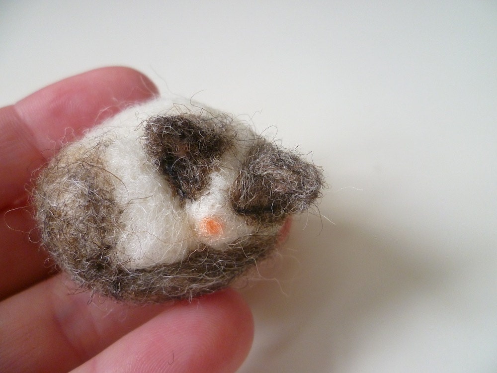 Tabby and white sleeping cat - tiny felt model collectible - brown and white - made to order animal collectible soft sculpture