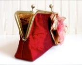 Black Cherry Clutch with Rose and Caramel Flower with Vintage Rhinestones- Ready to Ship