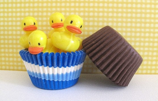 Blue and Brown Rubber Duck Cupcake Kit. Set of 12 Picks, 24 Liners. Birthday Party, Baby Shower, Picnic, Cupcake Liners Toppers Picks