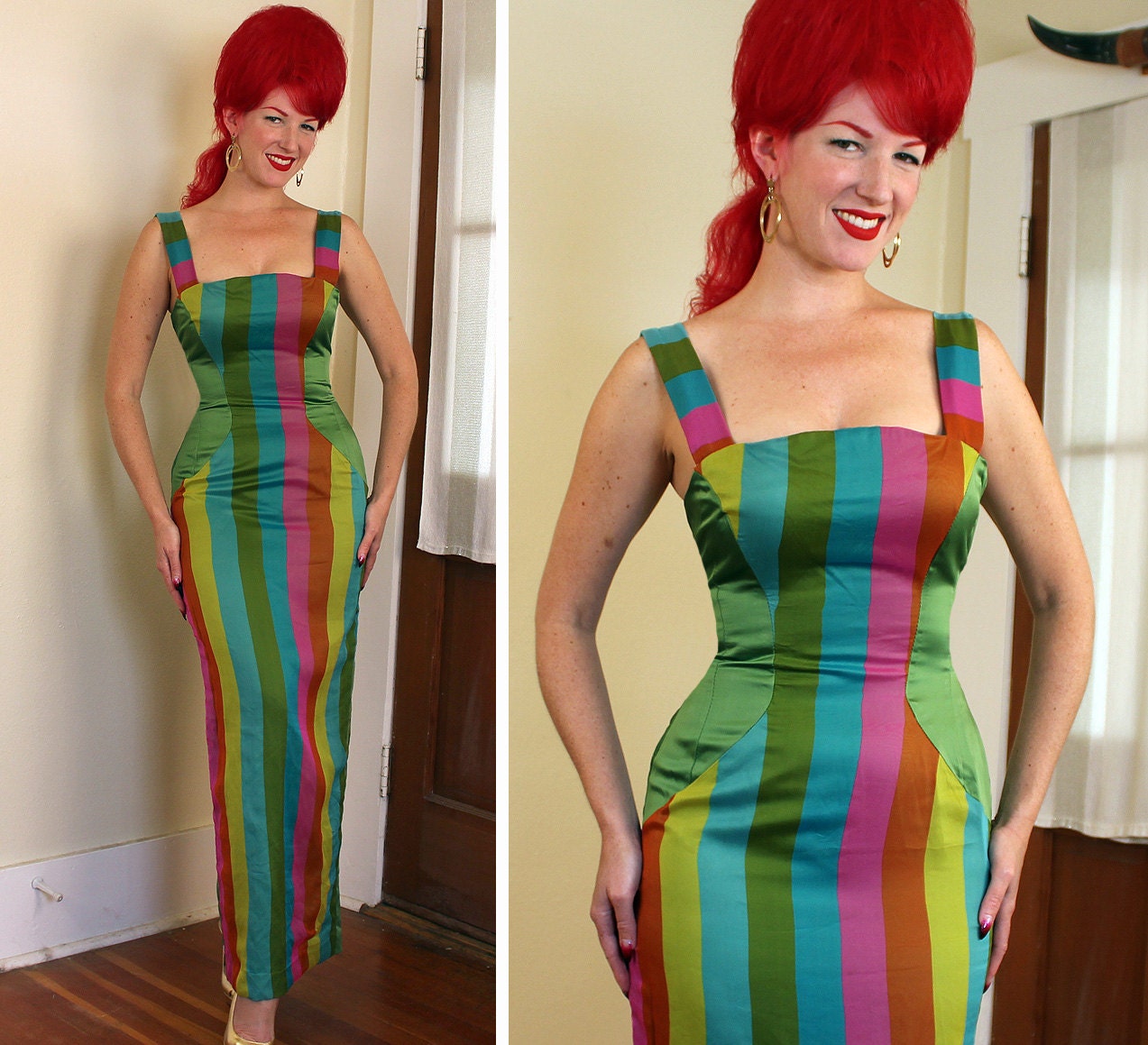 KILLER Show Stopping 1950's Custom Couture Multicolored Striped Silk Chiffon & Silk Hourglass Long Glamor Evening Gown - Hand Detailed - M