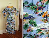 EXOTIC 1940's Sky Blue Rayon Hourglass Hawaiian Pake Muu by Iolani - Made in Hawaii - Rich Vibrant Tiki Idols, Torches, Drums, Fruit Print