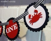 Sailing Boy Collection- "I am One" High Chair Banner with crabs. Nautical theme. Mini Banner. Nautical Birthday. Navy & Red. Il_170x135