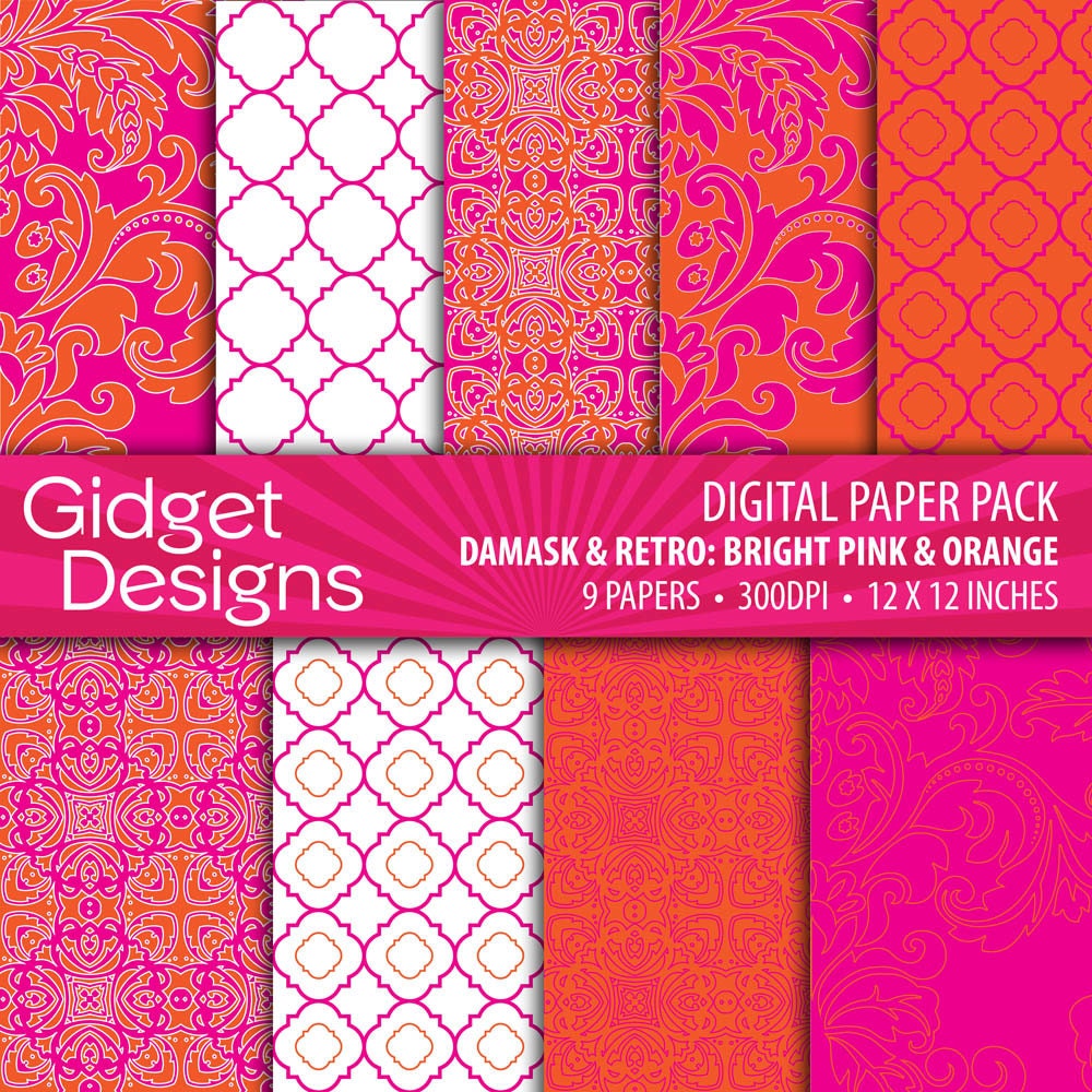 INSTANT DOWNLOAD Digital Paper Pack: Damasks & Retro - Pink and Orange