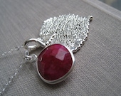 REAL Leaf necklace with ruby bezel, silver leaf jewelry, July birthstone necklace