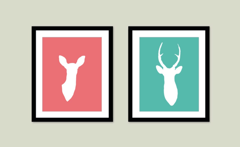 Deer Antlers Modern Digital Print Set - Wall Art - Woodland Home Decor - Spring Colors - Coral Mint - Stag Doe - Couple
