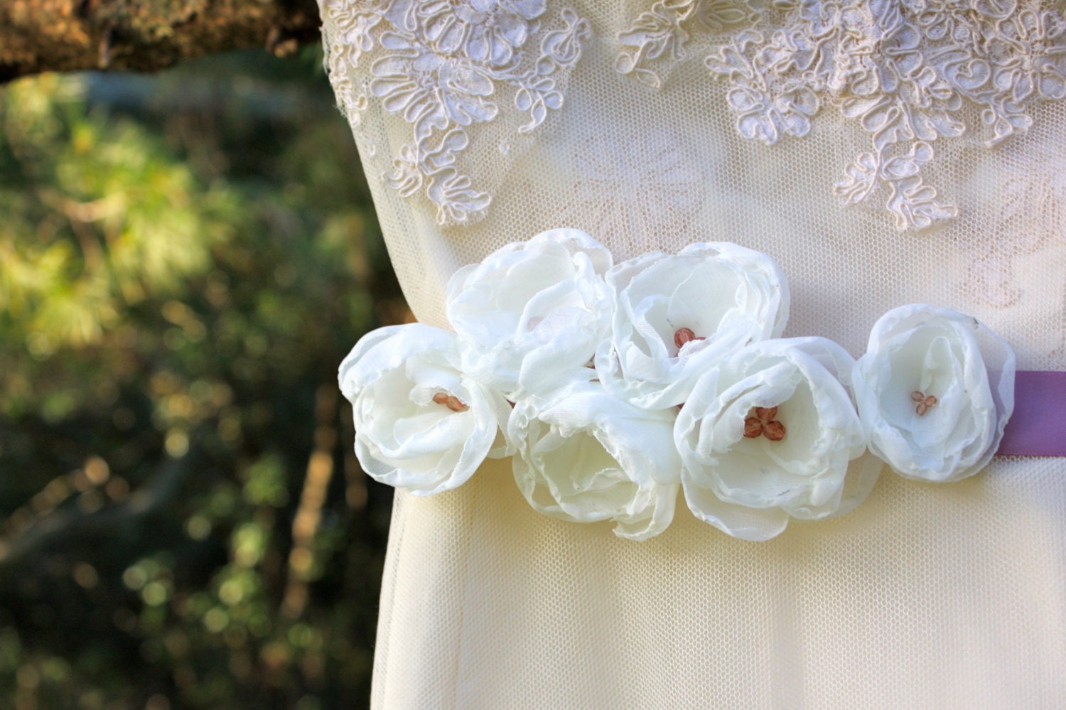 Ivory and Blush Organza Fabric Flower Sash Belt with Crystals