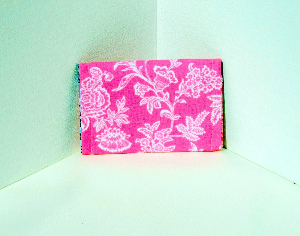 Pink  ID wallet, card holder, vegan reuse cotton white floral motif on pink eco friendly