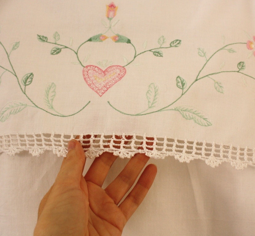 Delicate Embroidered Vintage Curtain with Hearts and Flowers - circa 1980s