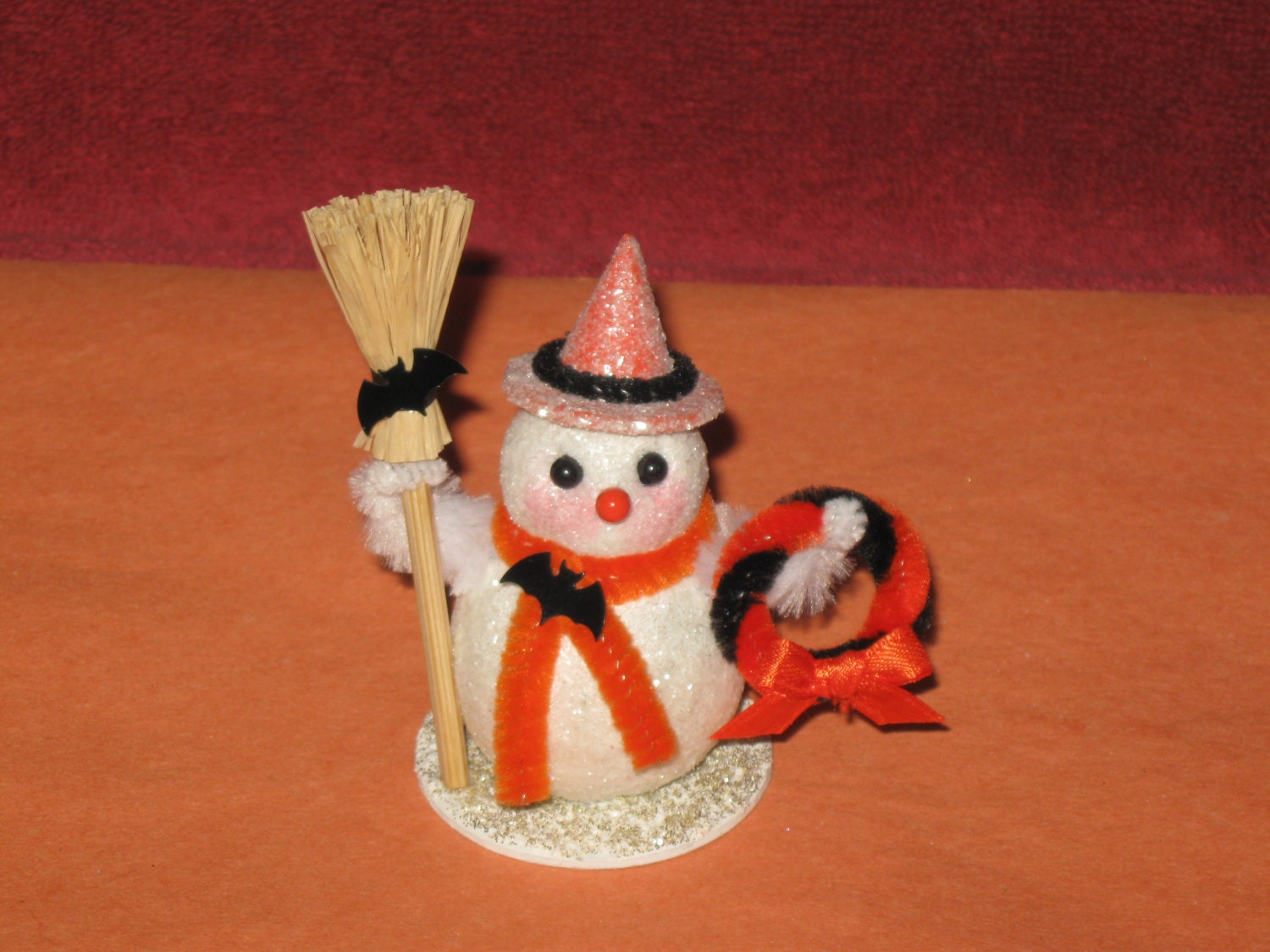 Vintage Style Halloween Snowman with Broom and Wreath Novelty Decoration ORANGE Scarf