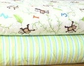 Green and Cream Monkey and Number and Stripe Flannel Blanket Bundle, 2 yards