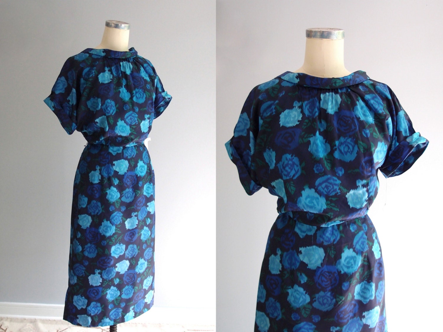1950's dress/ 50s 60s Navy Blue watercolor rose Dress...New Old Stock, 33 waist