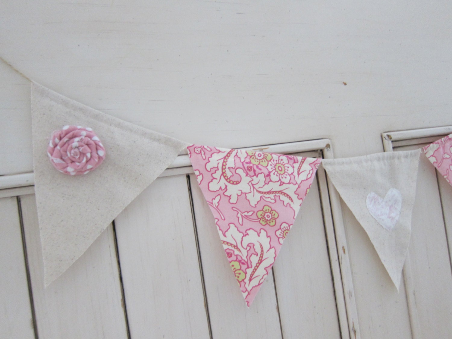 Rustic Linen Heart Banner for Wedding Shower Decor Nursery Bunting or Photo Prop