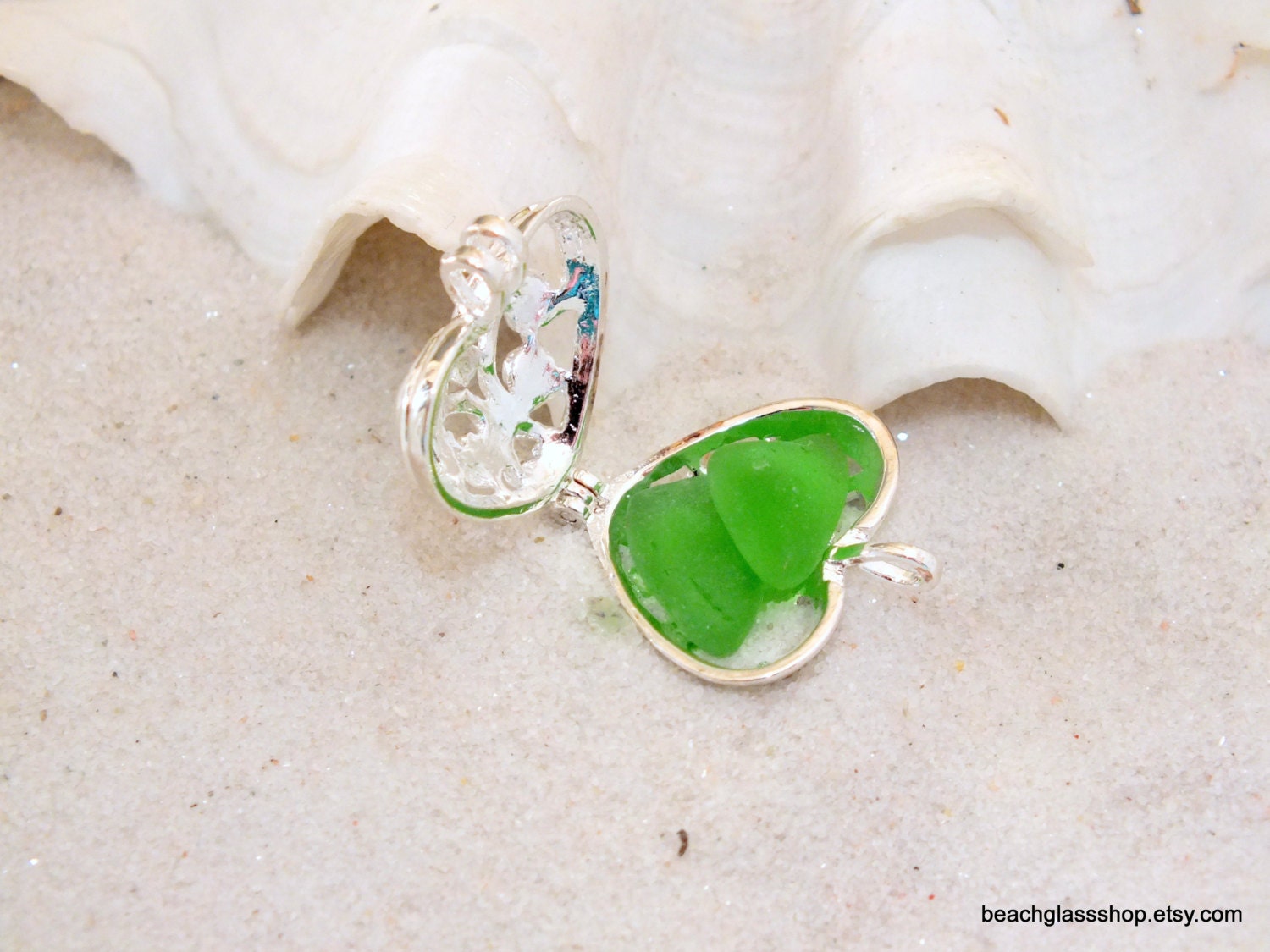 Sea Glass Locket Heart Beach Glass Filigree Necklace