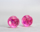 tiny globe earrings in sparkly hot pink - 5mm - resin pink glitter earrings - easter earrings