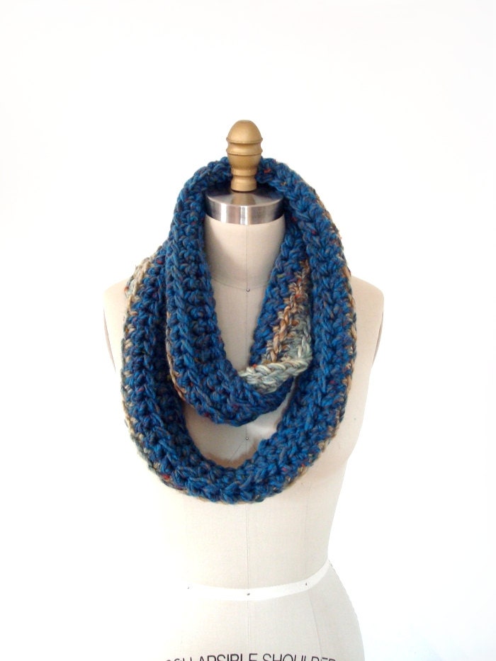RESERVED FOR YUI - infinity scarf - blue green grey brown beige - crocheted cowl - Ready Handmade by dslookkin on Etsy