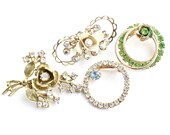 Vintage Rhinestone Brooch Lot - 4 Gold Tone Hollywood Regency Costume Jewelry Pins / Floral Wreaths