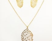 Pine Cone Earring & Necklace Set Gold Plated