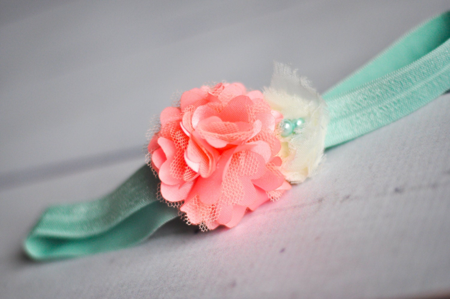 Baby Headband, Coral and Aqua, Toddler Headband, Flower Girl, Flower Headband, Newborn Headband, Infant Headband, Newborn Photo Prop