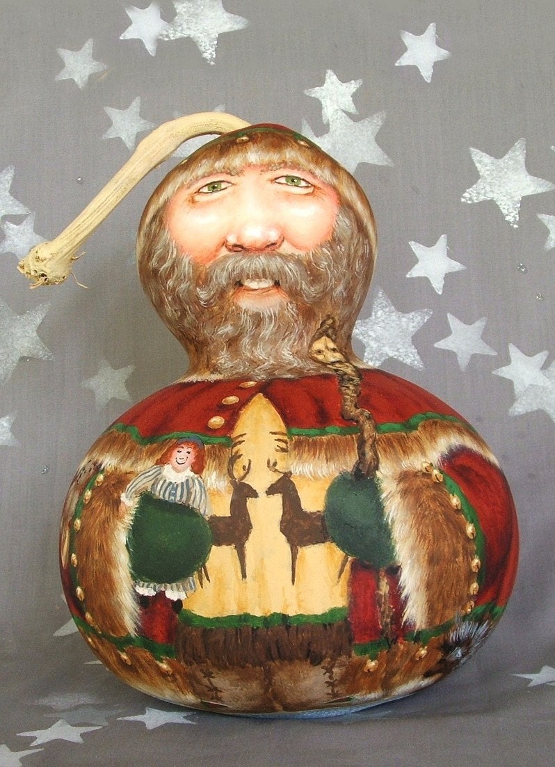 Mountain Jingle Claus,  mountain man Santa Claus gourd, hand painted, 8 1/2 inches tall
