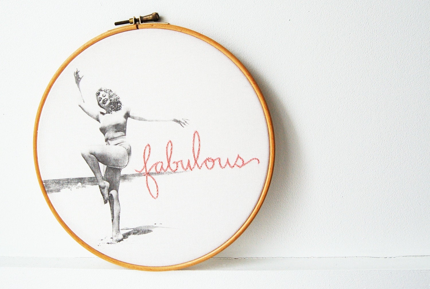 Vintage Embroidery Hoop with Black and White Snapshot. "Fabulous"  Beach Babe. Hand Embroidered Handmade by merriweathercouncil