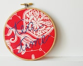 Hand Embroidery Hoop Wall Art. Red with Blue Text. "tea time" Embroidered Fabric. Lace Motif. By merriweather council