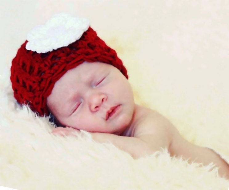 Valentine Red Hat, Baby Toddler Accessories, Baby Hat, Red Newborn Girl Beanie Hat - Crochet WITH Flower Accent, Children Clothing
