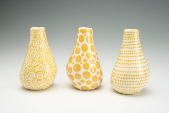 New Color Mustard Yellow Swirls Vase Hand Painted Organic Shape