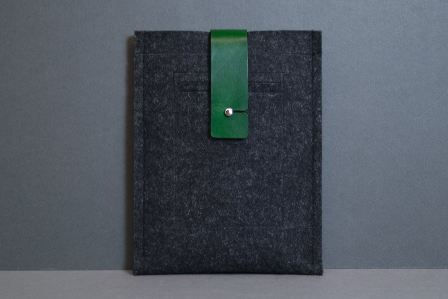 Portrait iPad Mini Case with Pocket - Felted Wool and Hand Dyed Green Leather