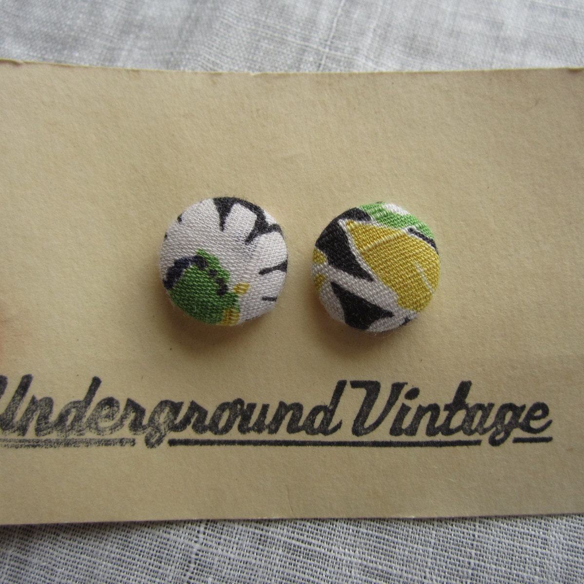 Feedsack and quilt covered earrings-Black, Yellow, Green, White