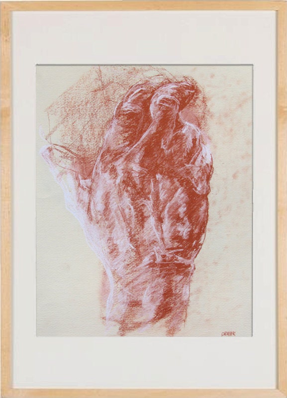 Expressive Hand Drawing - conte on paper - 10 x 13.5" original drawing